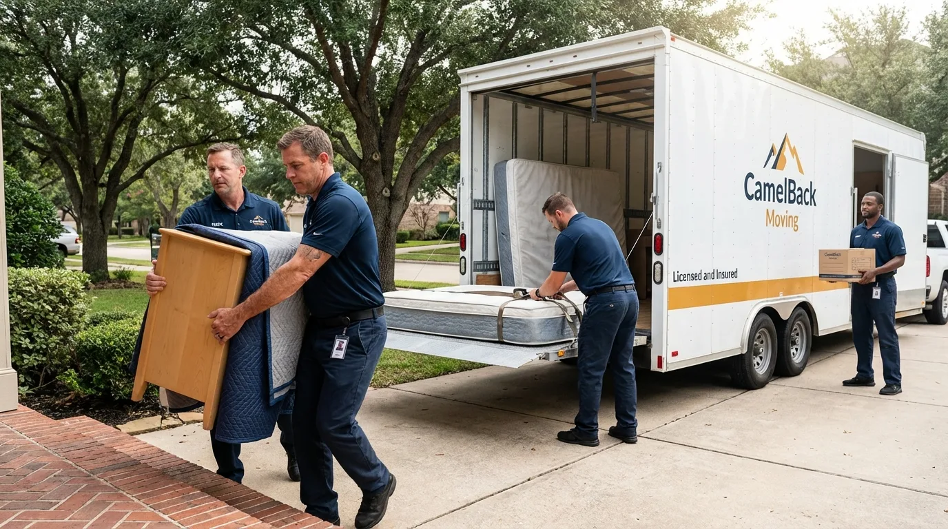 Crew loading residential truck for cross-state move from Carrizo Springs, TX