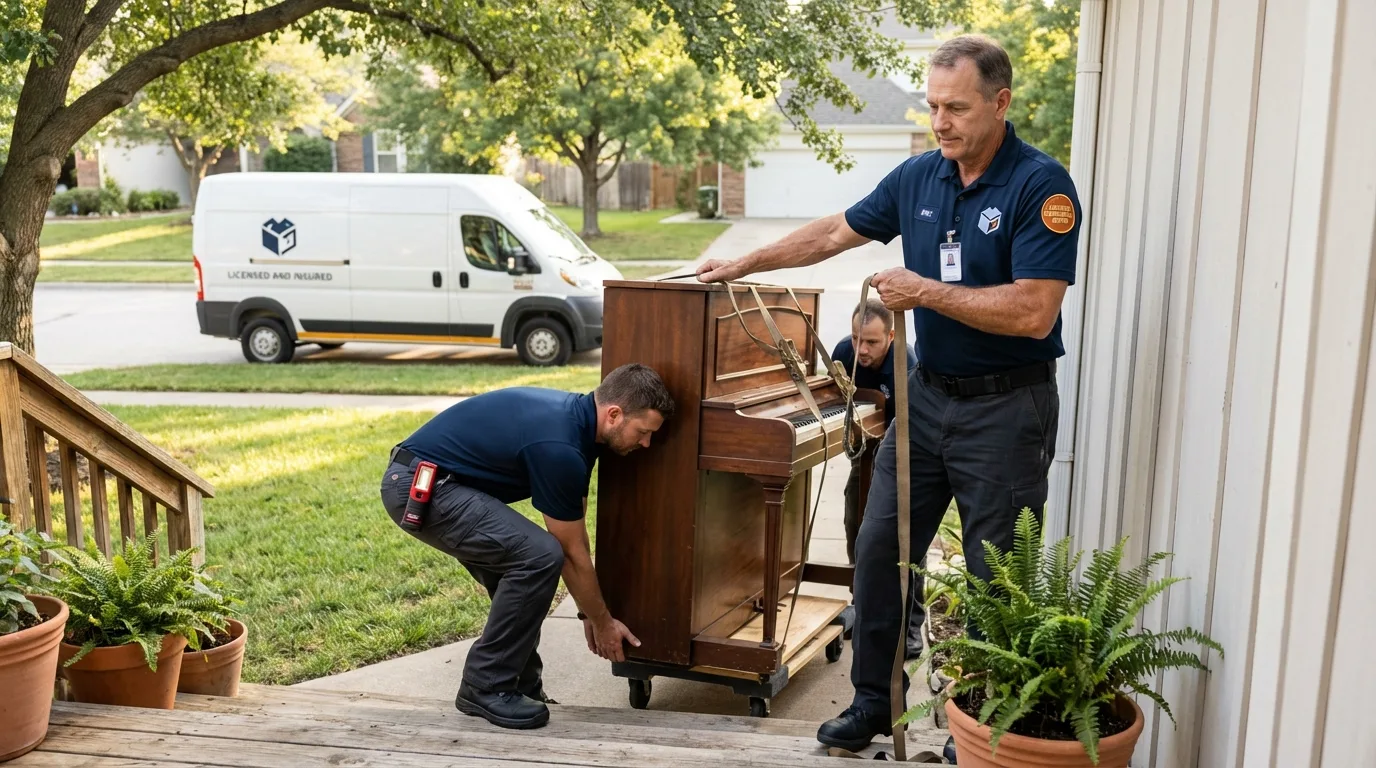 Licensed piano movers securing grand piano in Carrizo Springs, TX