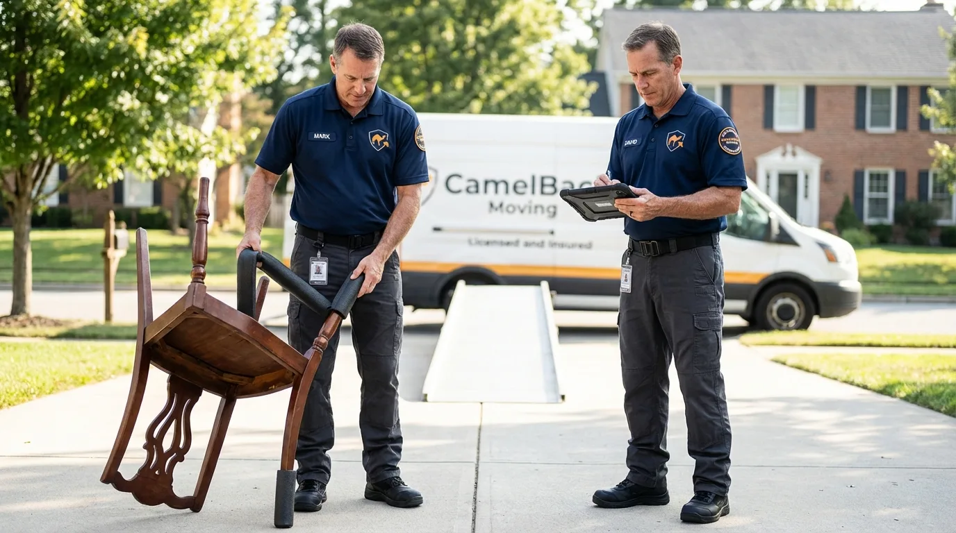 Movers inspecting furniture for damage prevention before loading in Carrizo Springs, TX