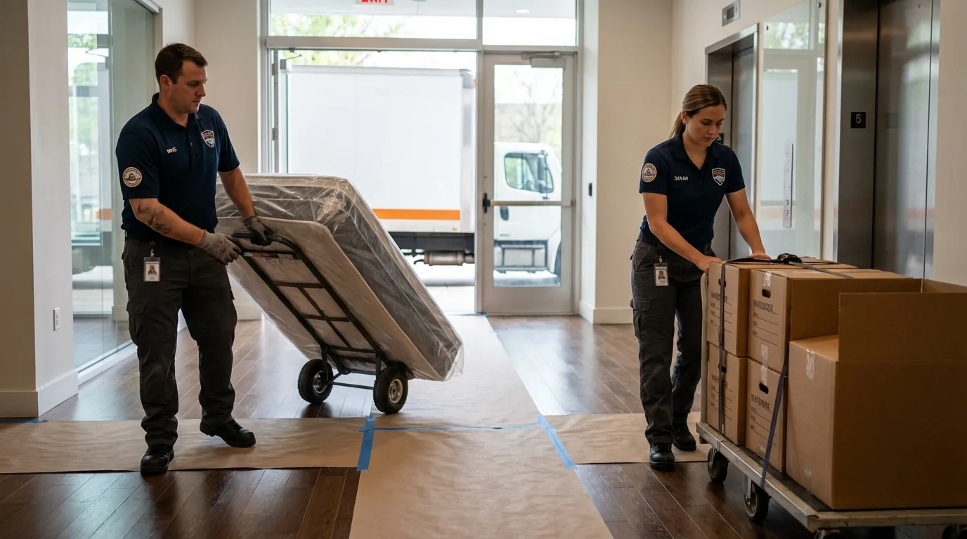 Professional apartment movers loading elevator in Carrizo Springs, TX