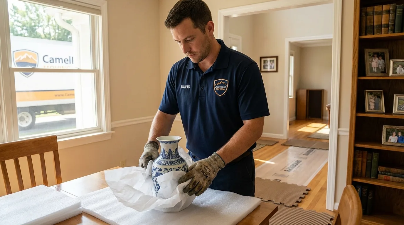 Professional crew carefully wrapping antique vase for senior downsizing move in Carrizo Springs, TX
